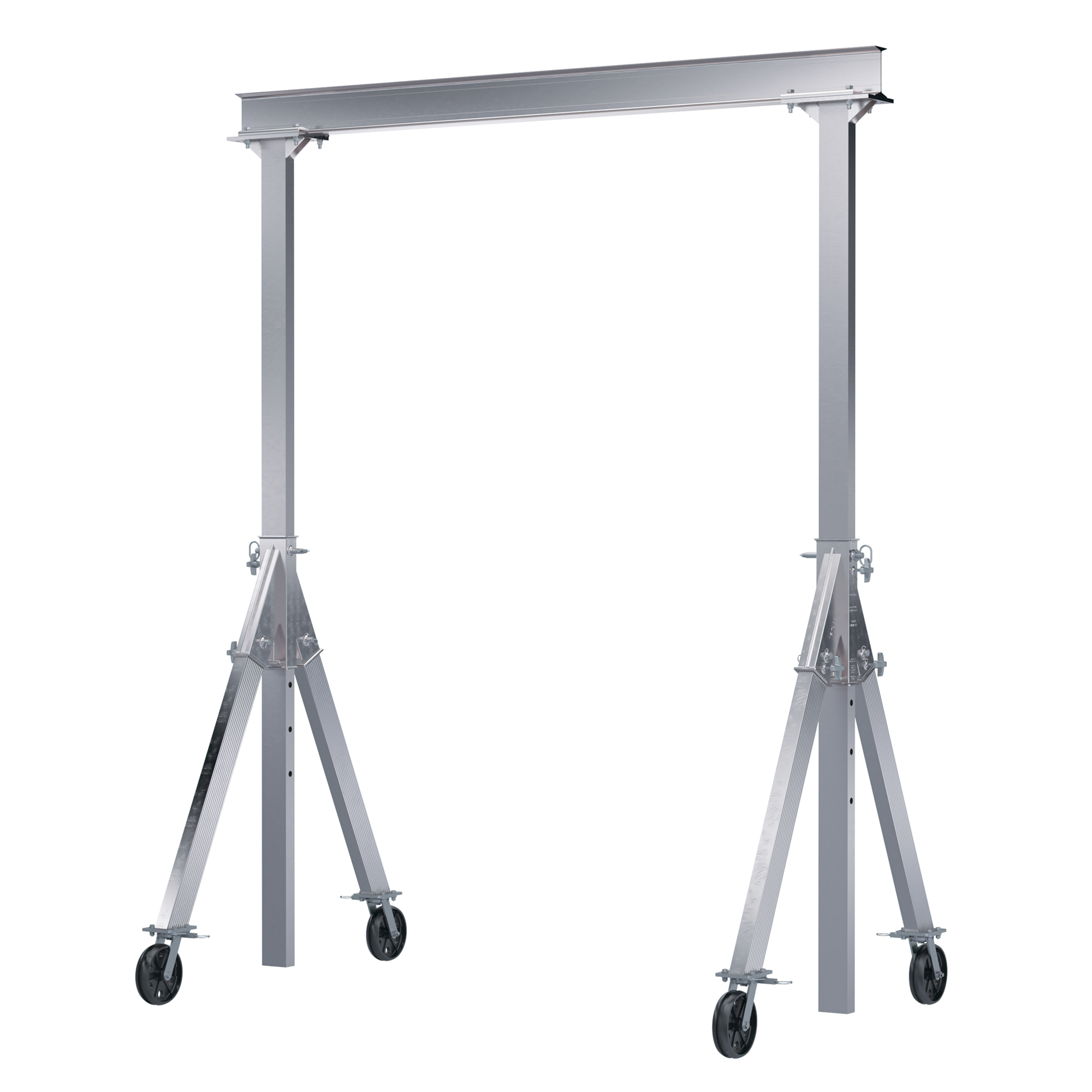 Vestil Aluminum Adjustable Height Gantry Crane with V-Groove Cast Iron Casters 12 Ft. Wide x 12 Ft. Max Usable Height 2,000 Lb. Capacity Silver